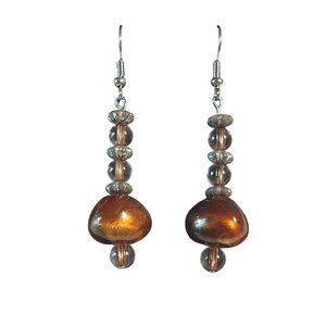 Glass Beaded Drop Earrings Dangle Hook Handcrafted Brown Round Beads Mom Gift